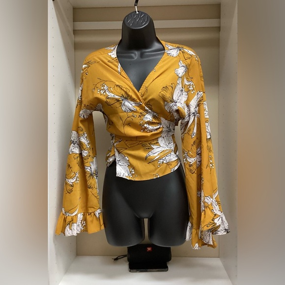 Floral Mustard Wrap Top - Picture 1 of 2